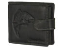 Ponty nyomással díszített fekete marhabőr pénztárca térbeli képe