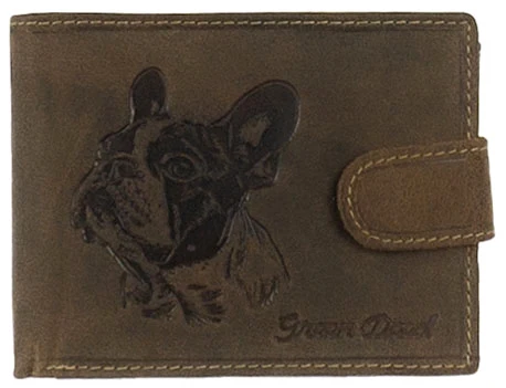 Erős  nyers marhabőrből készült pénztárca francia bulldog nyomással Green Deed