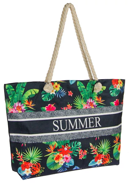 Virágmintás fekete alapú vászon strandtáska Jessica Bags